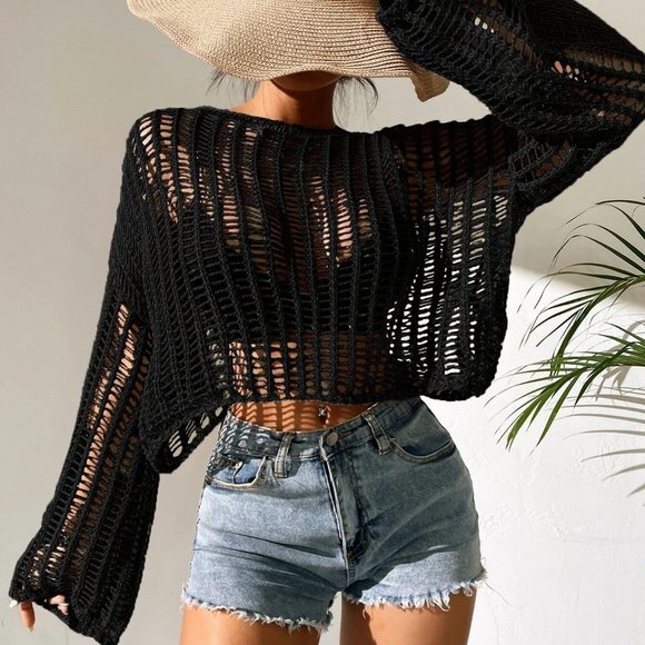 . Sweaters - Black Boho Womens Open Knit Bell Sleeve Sheer Sweater